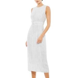 Mac Duggal Abstract Beaded Sleeveless Sheath Midi Dress White